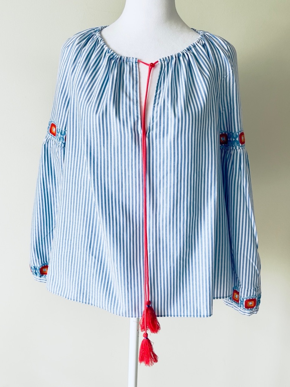 Tory Burch Light Blue Striped Peasant Blouse with Coral Tassels EUC Size 14 - Picture 5 of 9